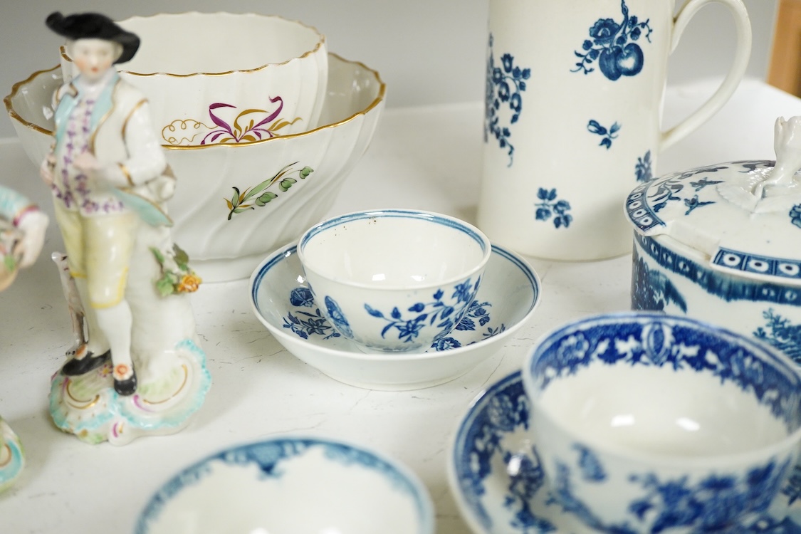 18th century mixed Worcester etc, including blue and white tableware together with two figurines etc, teapot, 13cm high (13).